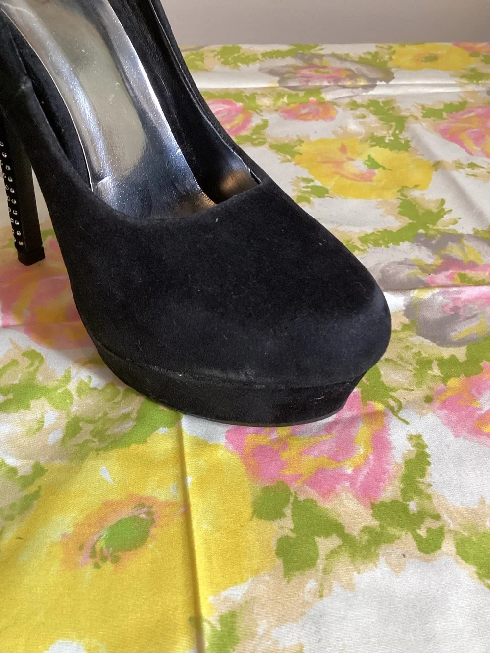 Black Suede Platform High Heels with Studded Stiletto